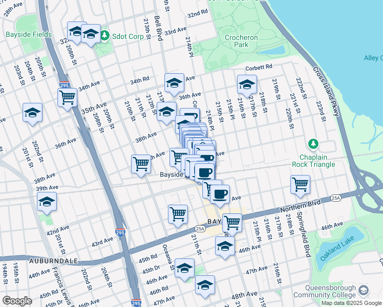 map of restaurants, bars, coffee shops, grocery stores, and more near 39-22 Bell Boulevard in Queens
