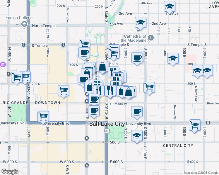 map of restaurants, bars, coffee shops, grocery stores, and more near 237 State Street in Salt Lake City