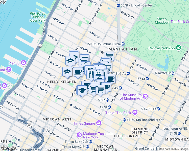 map of restaurants, bars, coffee shops, grocery stores, and more near 328 West 53rd Street in New York