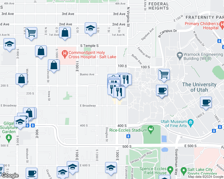map of restaurants, bars, coffee shops, grocery stores, and more near 231 Douglas Street in Salt Lake City