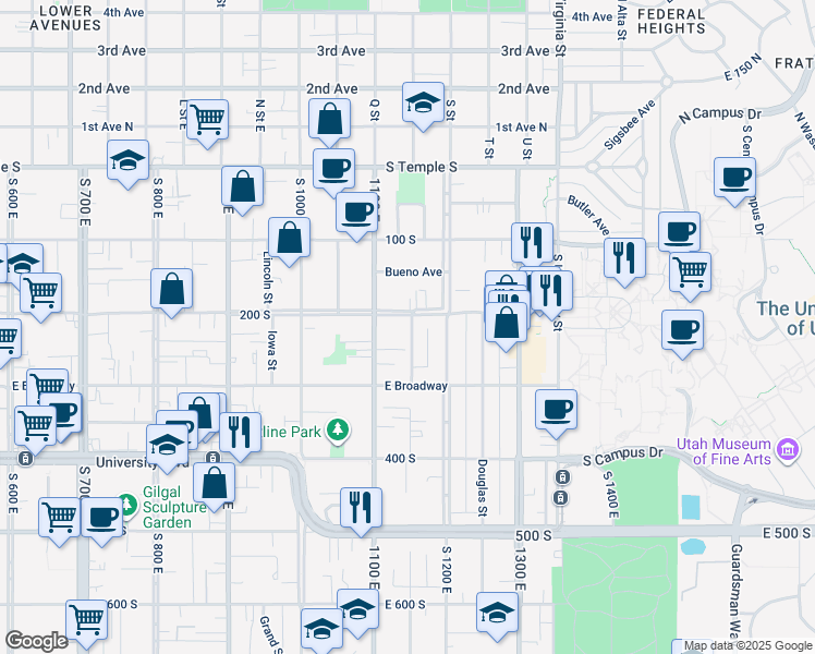 map of restaurants, bars, coffee shops, grocery stores, and more near 237 Elizabeth Street in Salt Lake City