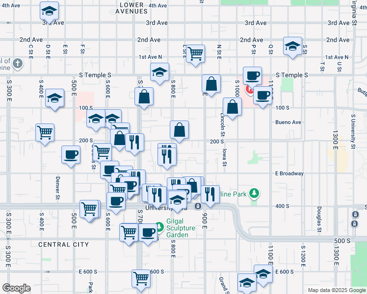 map of restaurants, bars, coffee shops, grocery stores, and more near 830 Menlo Avenue in Salt Lake City