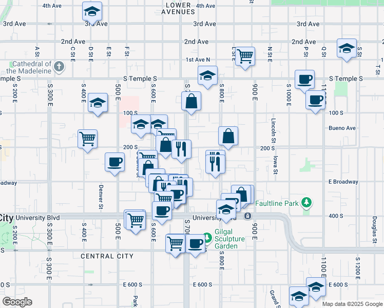 map of restaurants, bars, coffee shops, grocery stores, and more near 732 East 200 South in Salt Lake City