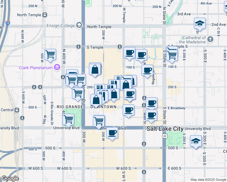 map of restaurants, bars, coffee shops, grocery stores, and more near 223 West 200 South in Salt Lake City