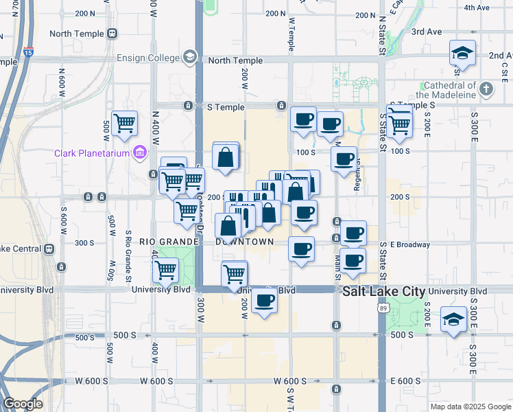 map of restaurants, bars, coffee shops, grocery stores, and more near 223 West 200 South in Salt Lake City