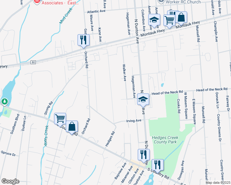 map of restaurants, bars, coffee shops, grocery stores, and more near 87 Hedges Avenue in East Patchogue