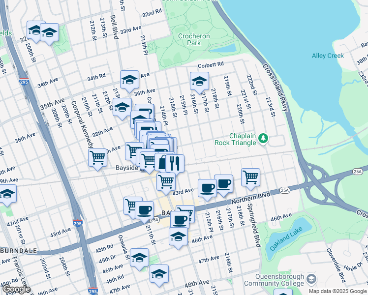 map of restaurants, bars, coffee shops, grocery stores, and more near 40-23 215th Street in Queens