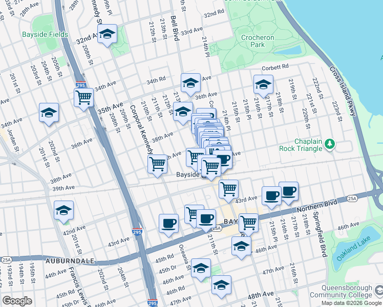 map of restaurants, bars, coffee shops, grocery stores, and more near 39-29 212th Street in Queens