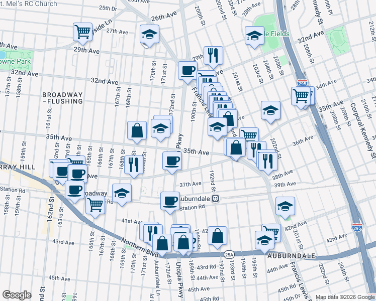 map of restaurants, bars, coffee shops, grocery stores, and more near 35-16 190th Street in Queens