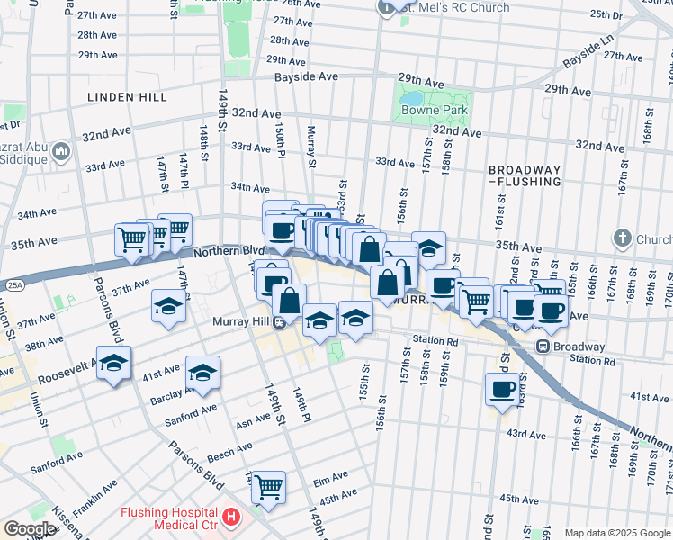 map of restaurants, bars, coffee shops, grocery stores, and more near 152-16 Roosevelt Avenue in Queens