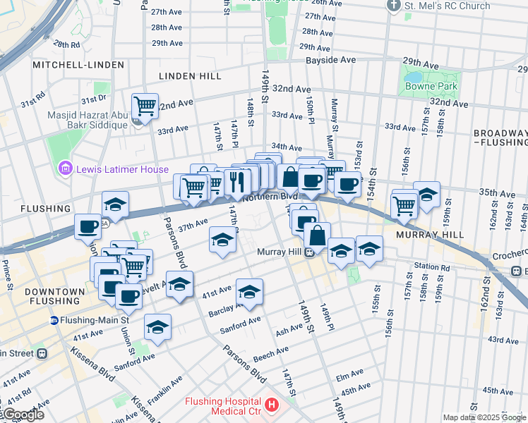 map of restaurants, bars, coffee shops, grocery stores, and more near 147-27 38th Avenue in Queens
