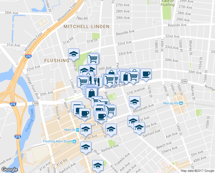 map of restaurants, bars, coffee shops, grocery stores, and more near 3611 Bowne Street in Queens