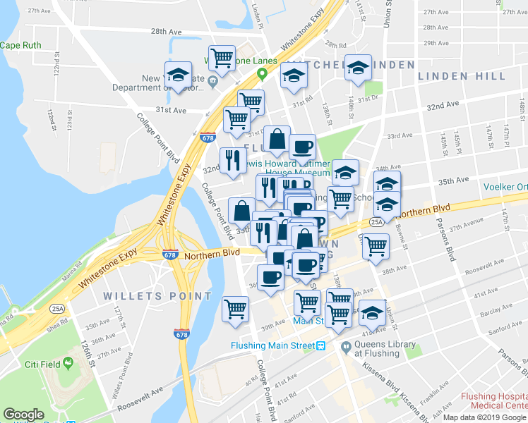 map of restaurants, bars, coffee shops, grocery stores, and more near 133-09 35th Avenue in Queens