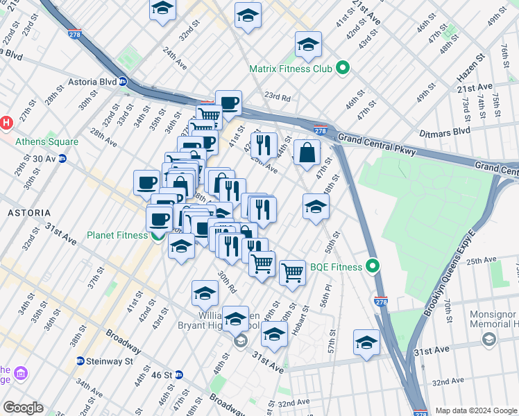 map of restaurants, bars, coffee shops, grocery stores, and more near 25-92 45th Street in Queens