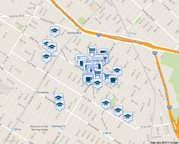 map of restaurants, bars, coffee shops, grocery stores, and more near 2858 Steinway Street in Queens