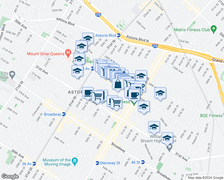 map of restaurants, bars, coffee shops, grocery stores, and more near 30-44 36th Street in Queens