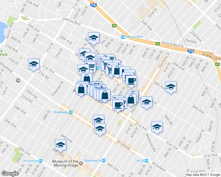 map of restaurants, bars, coffee shops, grocery stores, and more near 30-65 34th Street in Queens