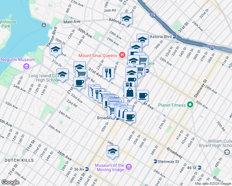 map of restaurants, bars, coffee shops, grocery stores, and more near 31-44 29th Street in Queens