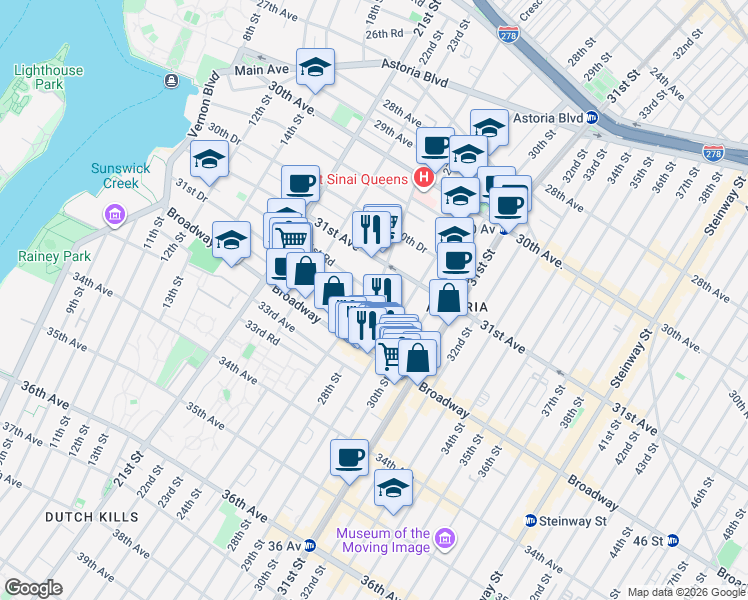 map of restaurants, bars, coffee shops, grocery stores, and more near 31-35 Crescent Street in Queens