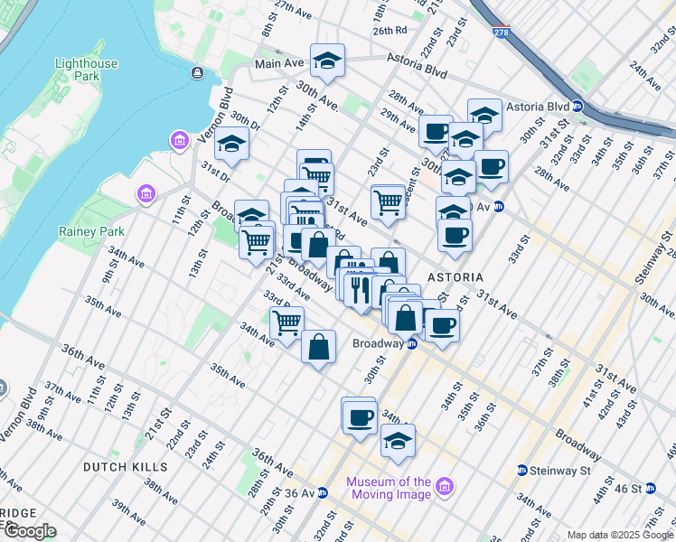map of restaurants, bars, coffee shops, grocery stores, and more near 23-35 Broadway in Queens