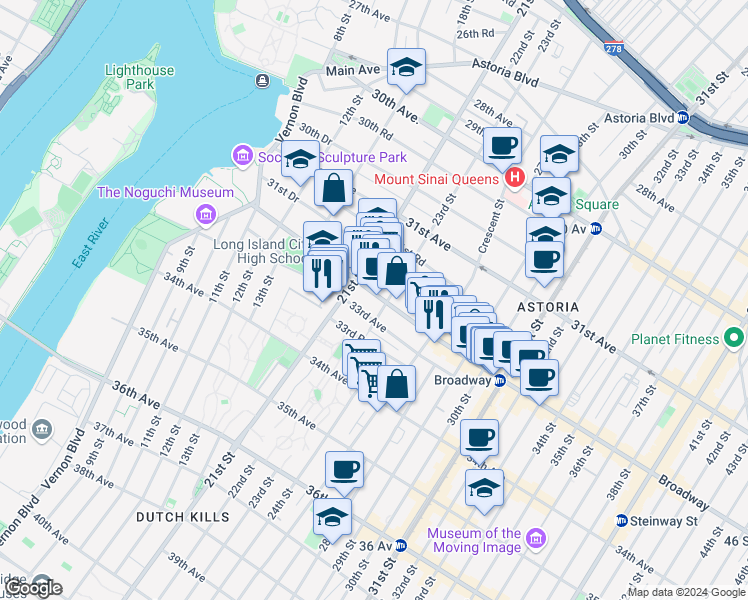 map of restaurants, bars, coffee shops, grocery stores, and more near 3211 23rd Street in Queens