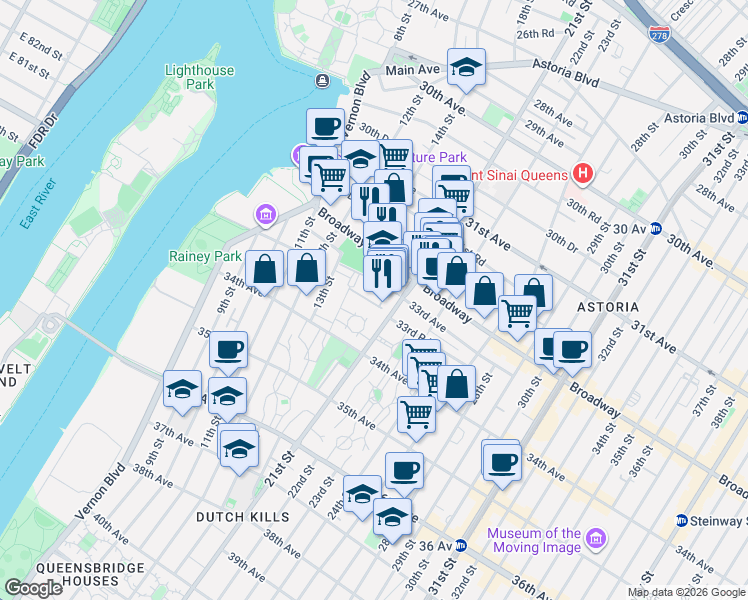 map of restaurants, bars, coffee shops, grocery stores, and more near 33-34 21st Street in Queens
