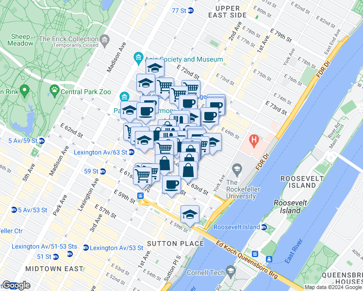 map of restaurants, bars, coffee shops, grocery stores, and more near 327 East 65th Street in New York