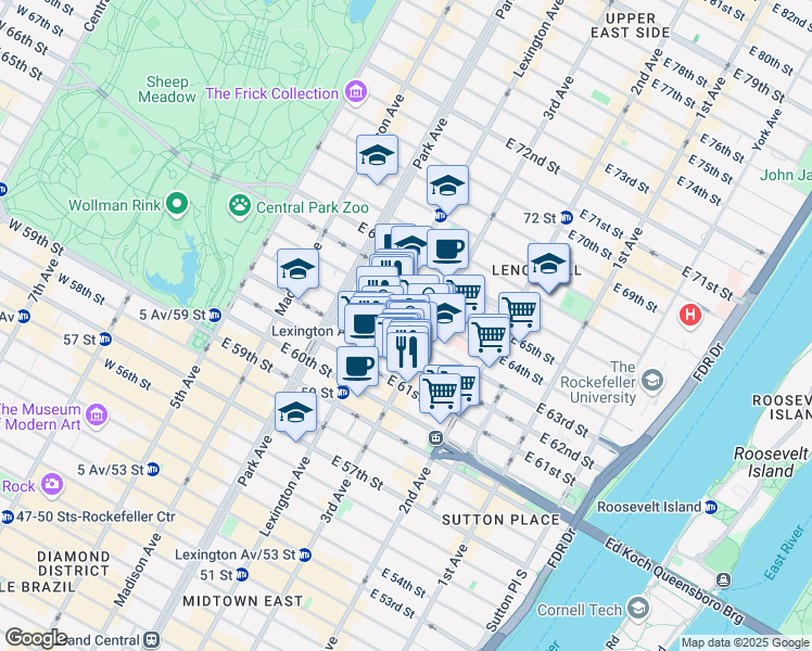 map of restaurants, bars, coffee shops, grocery stores, and more near 1062 3rd Avenue in New York