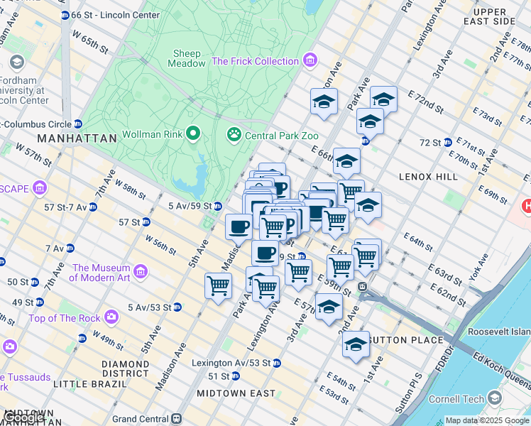map of restaurants, bars, coffee shops, grocery stores, and more near 530 Park Avenue in New York