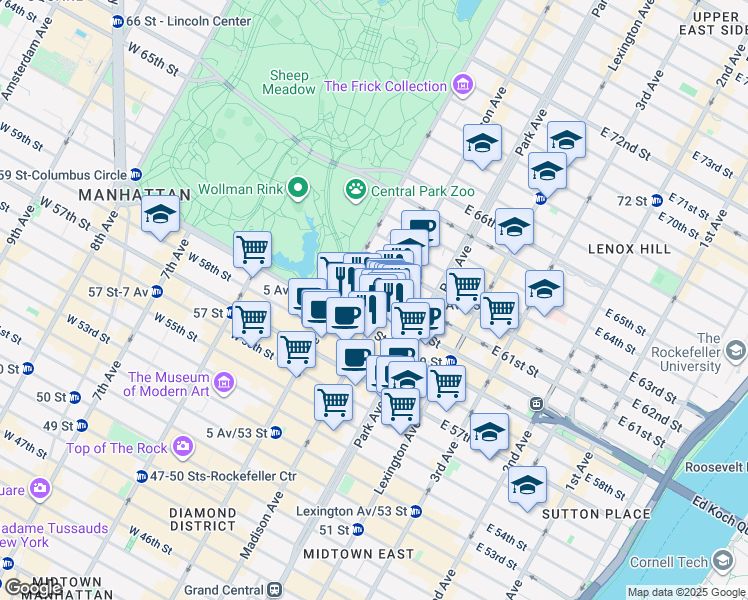 map of restaurants, bars, coffee shops, grocery stores, and more near 28 East 60th Street in New York