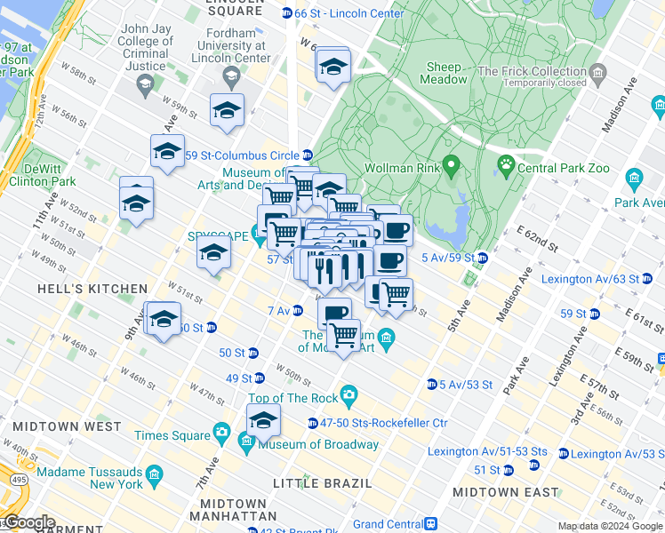 map of restaurants, bars, coffee shops, grocery stores, and more near 877 7th Avenue in New York