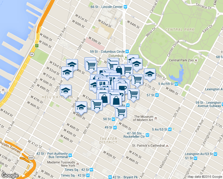 map of restaurants, bars, coffee shops, grocery stores, and more near 281 West 53rd Street in New York