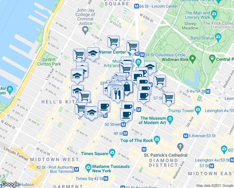 map of restaurants, bars, coffee shops, grocery stores, and more near 870-888 8th Avenue in New York