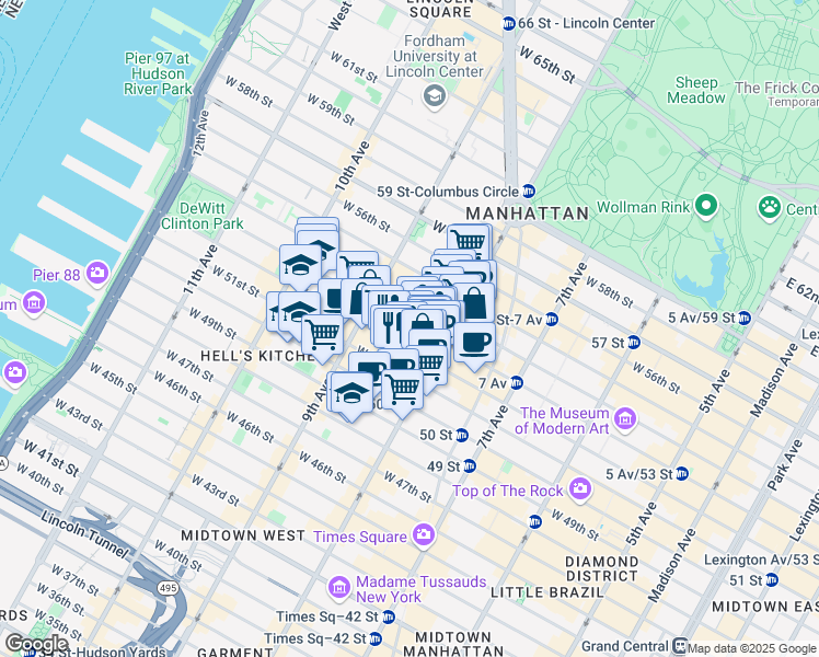 map of restaurants, bars, coffee shops, grocery stores, and more near 328 West 53rd Street in New York