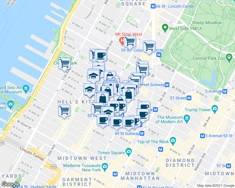 map of restaurants, bars, coffee shops, grocery stores, and more near 360 West 52nd Street in New York
