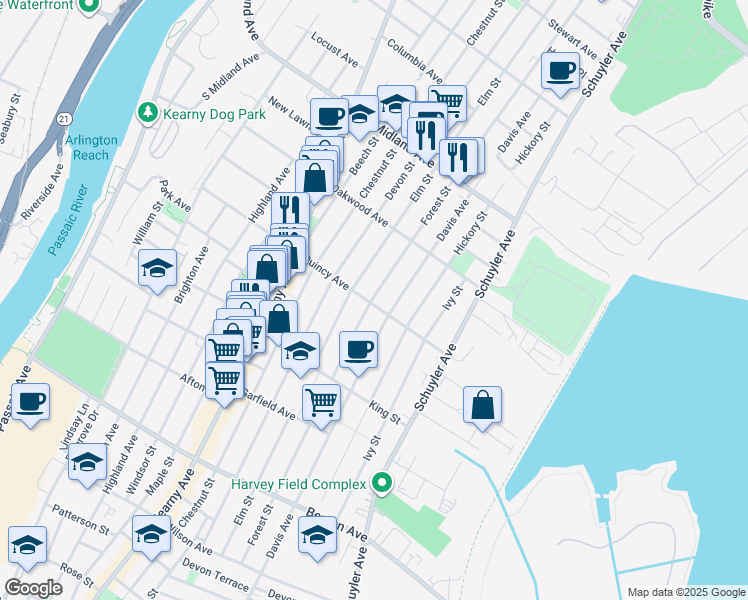 map of restaurants, bars, coffee shops, grocery stores, and more near in Kearny