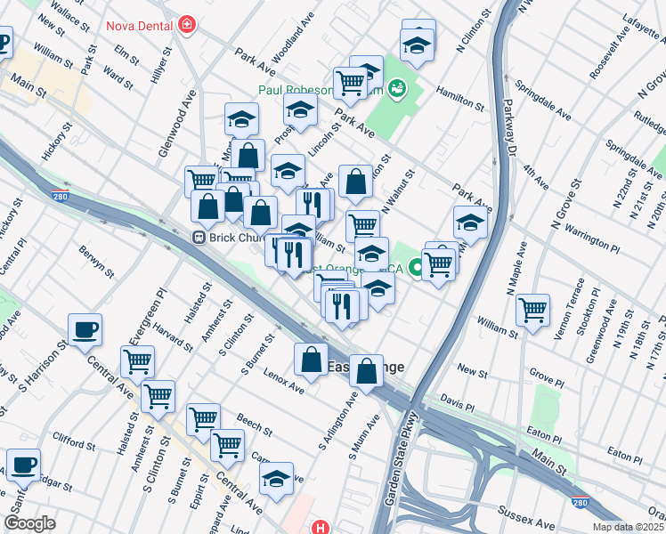 map of restaurants, bars, coffee shops, grocery stores, and more near 33 North Walnut Street in East Orange