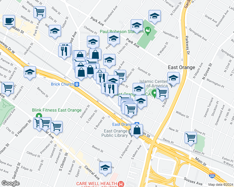 map of restaurants, bars, coffee shops, grocery stores, and more near 430 Main Street in East Orange