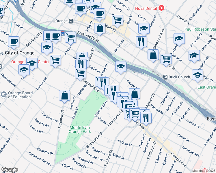 map of restaurants, bars, coffee shops, grocery stores, and more near 212 Oakwood Place in City of Orange