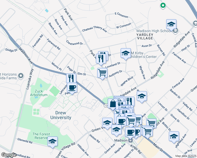 map of restaurants, bars, coffee shops, grocery stores, and more near 39 Madison Avenue in Madison