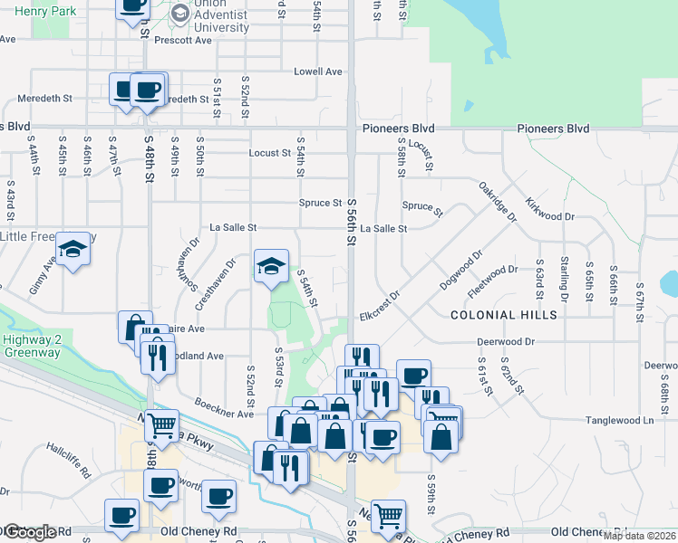 map of restaurants, bars, coffee shops, grocery stores, and more near 5501 Vavak Place in Lincoln