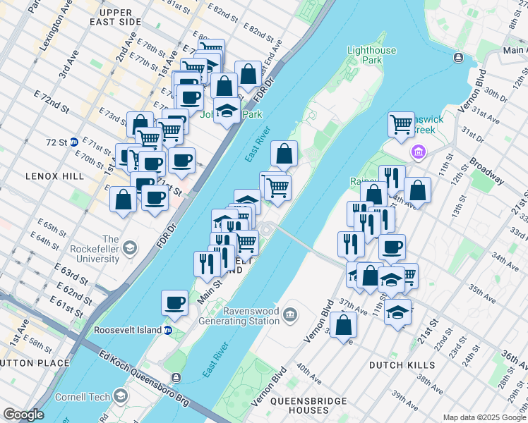 map of restaurants, bars, coffee shops, grocery stores, and more near 10 River Road in New York
