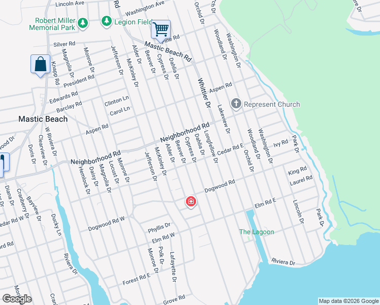 map of restaurants, bars, coffee shops, grocery stores, and more near 101 East Cedar Road in Mastic Beach