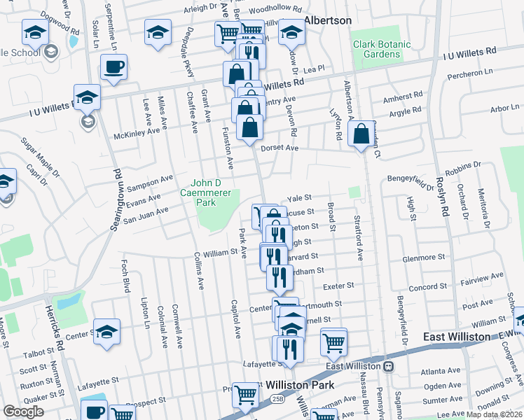 map of restaurants, bars, coffee shops, grocery stores, and more near 711 Willis Avenue in Williston Park