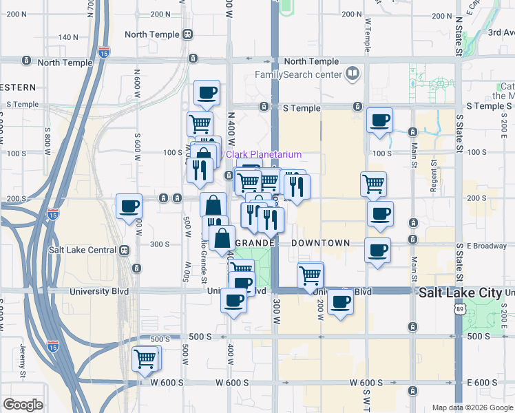 map of restaurants, bars, coffee shops, grocery stores, and more near 327 West 200 South in Salt Lake City