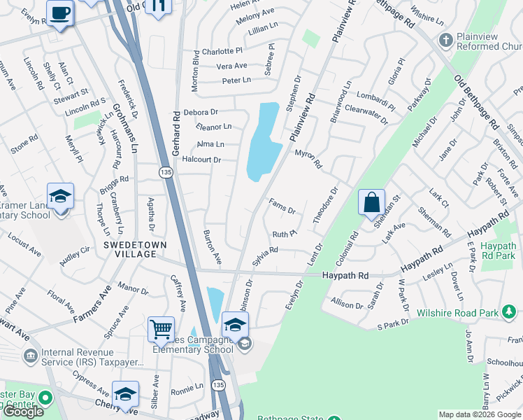 map of restaurants, bars, coffee shops, grocery stores, and more near 13 Jacob Road in Plainview