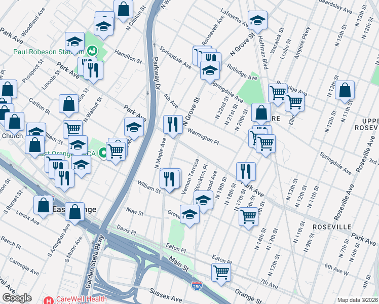map of restaurants, bars, coffee shops, grocery stores, and more near 197 Park Avenue in East Orange