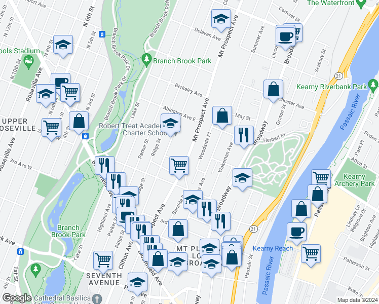 map of restaurants, bars, coffee shops, grocery stores, and more near 380 Mount Prospect Avenue in Newark