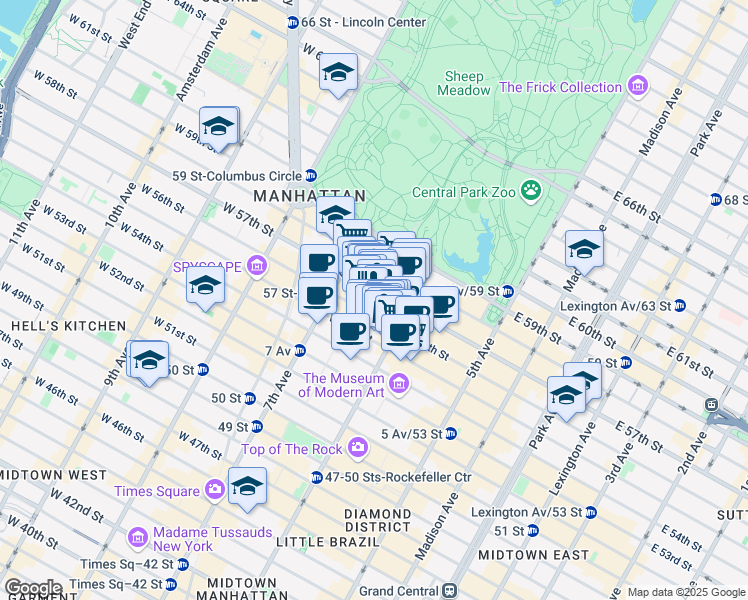 map of restaurants, bars, coffee shops, grocery stores, and more near 130 West 57th Street in New York