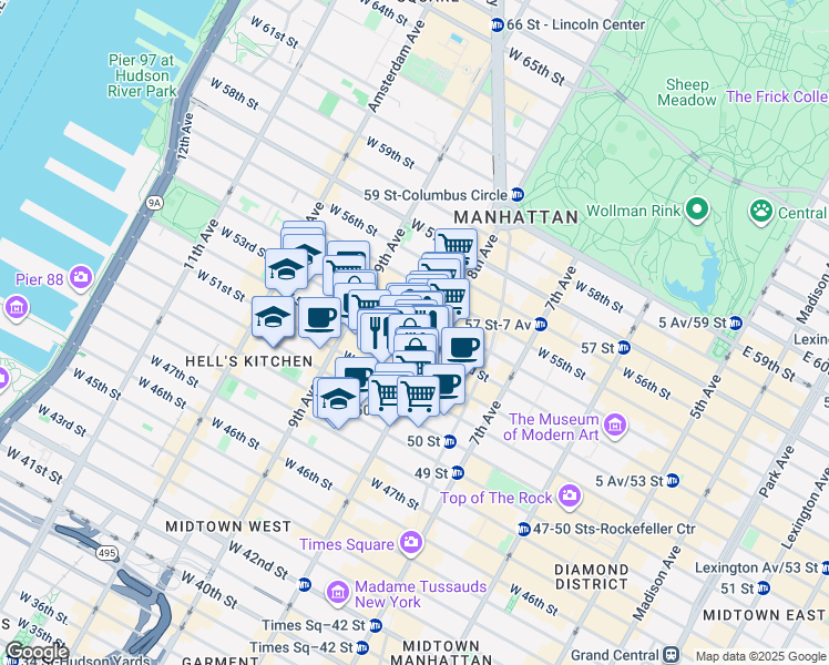 map of restaurants, bars, coffee shops, grocery stores, and more near 329 West 51st Street in New York